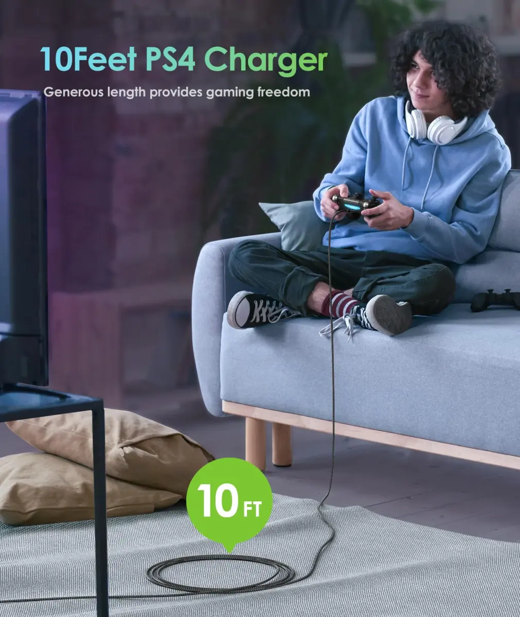 6amLifestyle PS4 Charger Cable for Controller, 2 Pack 10ft Micro USB Cord | Fast Charging & Data Sync - view 2