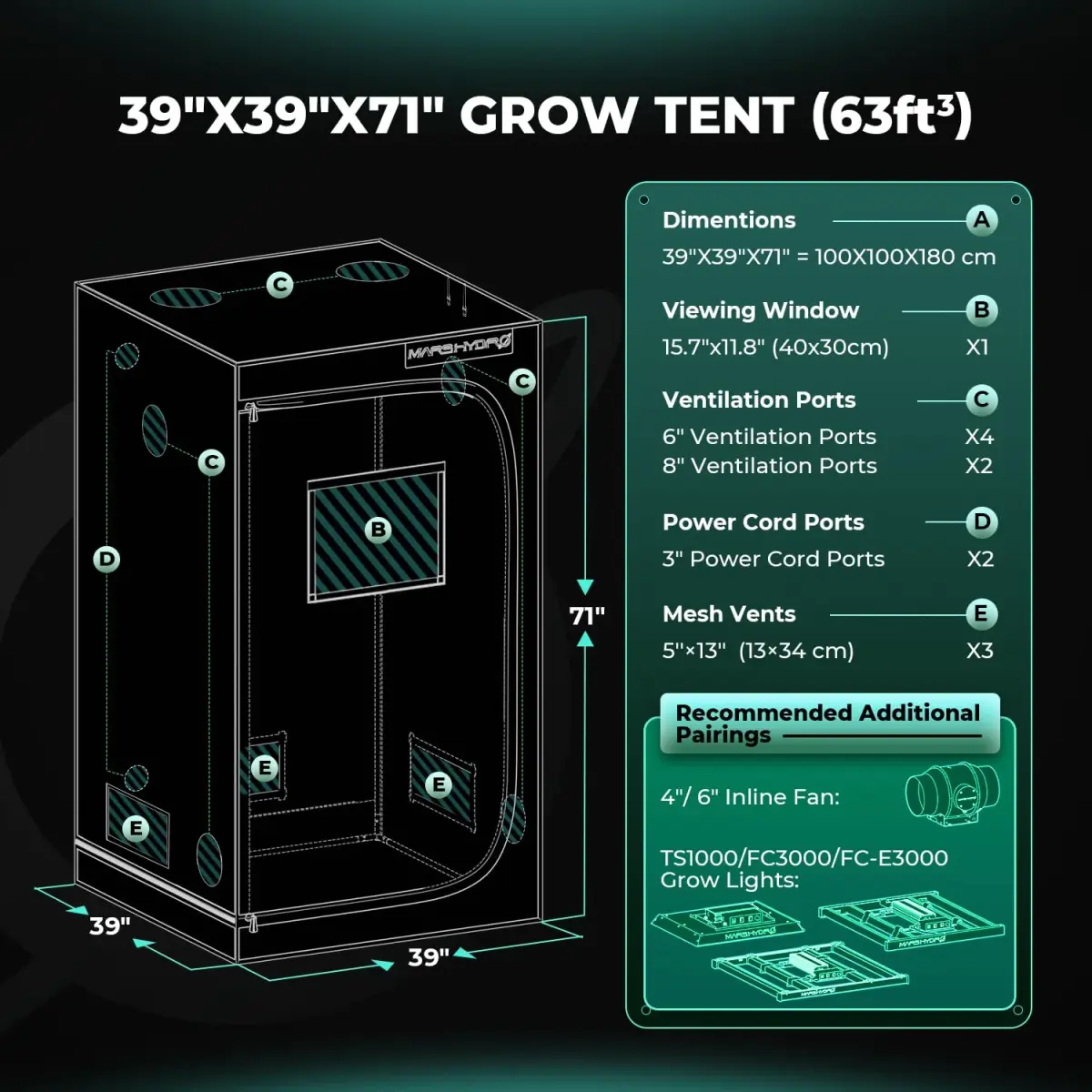 MARS HYDRO 39"x39"x71" Advanced Grow Tent | 10.56 sq ft Indoor Plant Growing Enclosure - view 9