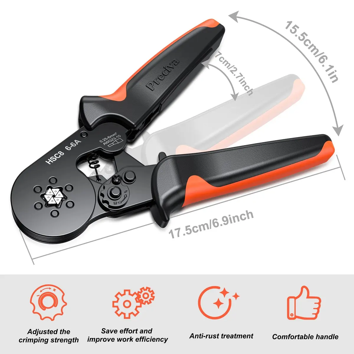 Preciva Ferrule Crimping Tool Self-Adjust Ratchet Wire Terminal Crimper for AWG23-10 | Hexagonal Serrated Profile - view 6