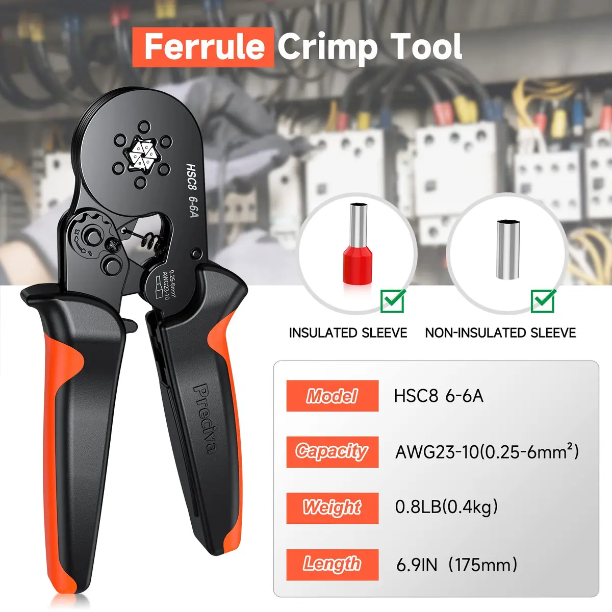 Preciva Ferrule Crimping Tool Self-Adjust Ratchet Wire Terminal Crimper for AWG23-10 | Hexagonal Serrated Profile - view 2