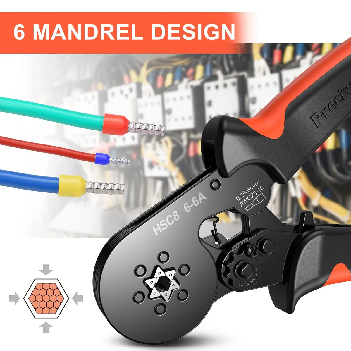 Preciva Ferrule Crimping Tool Self-Adjust Ratchet Wire Terminal Crimper for AWG23-10 | Hexagonal Serrated Profile - view 3