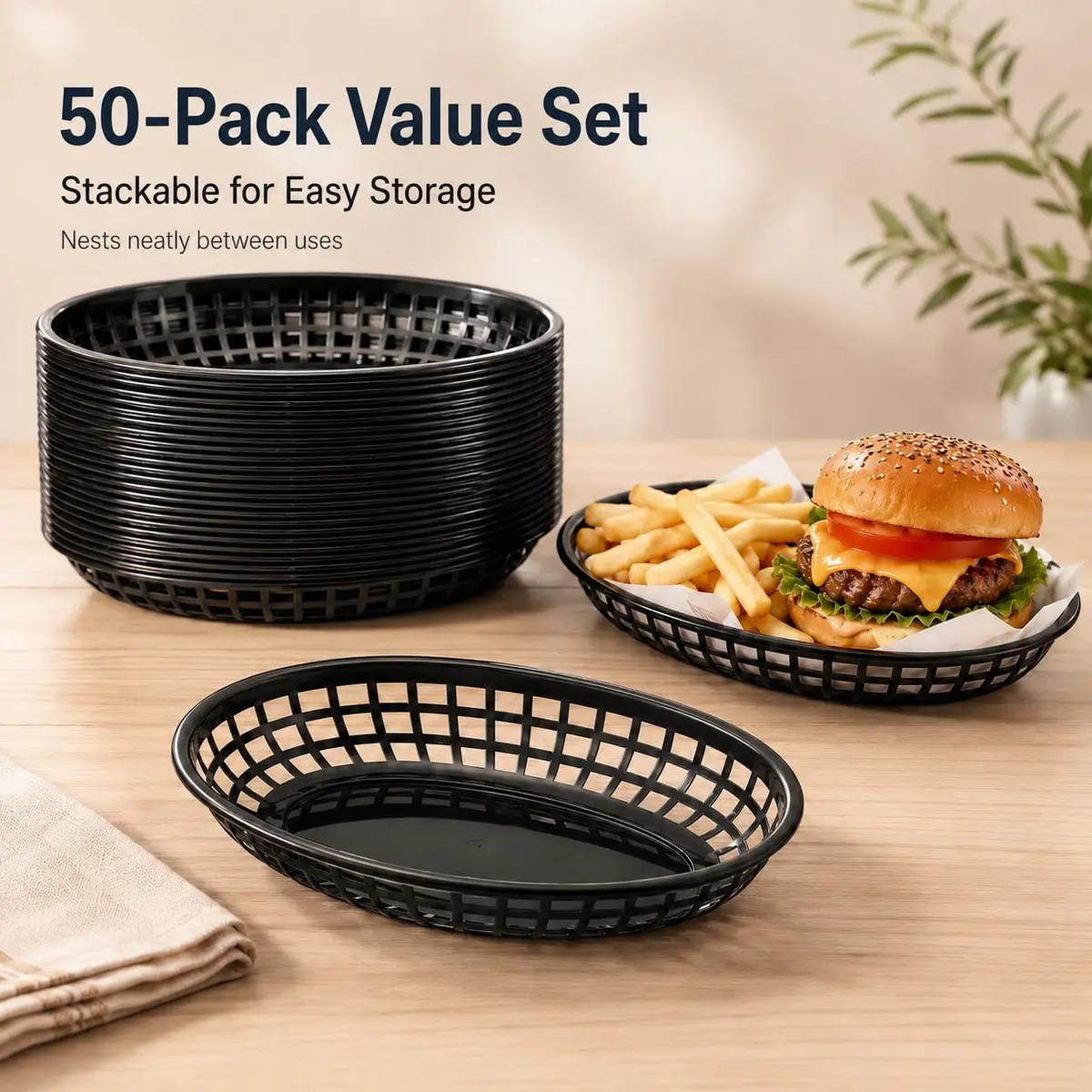 Kingrol Black Oval Fast Food Baskets, 50 Pack 22.6cm (8.8") x 14.4cm (5.6") | Food Serving Tray for Sandwiches, Burgers, Nachos, Fries, Plastic Storage Basket Bin - view 5