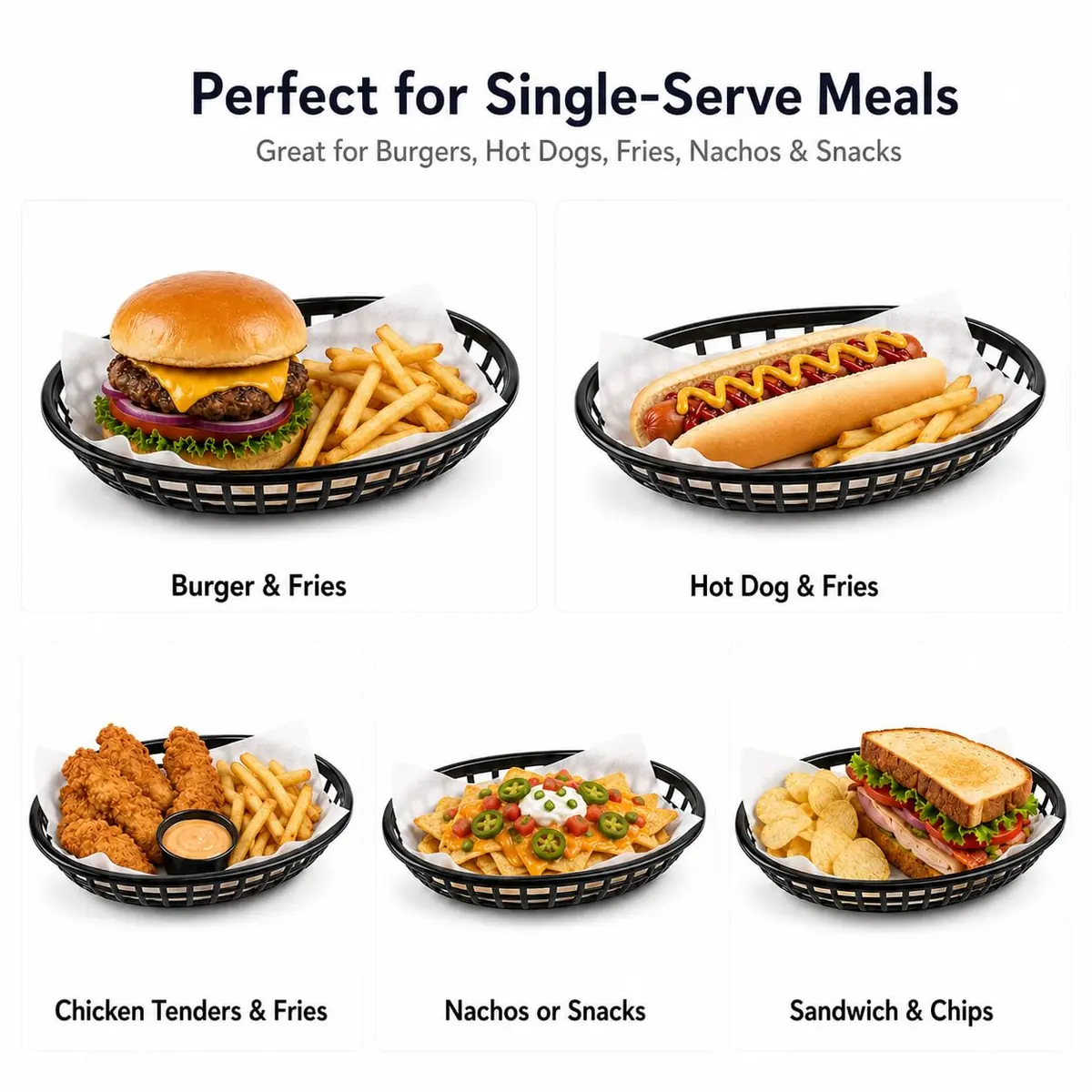 Kingrol Black Oval Fast Food Baskets, 50 Pack 22.6cm (8.8") x 14.4cm (5.6") | Food Serving Tray for Sandwiches, Burgers, Nachos, Fries, Plastic Storage Basket Bin - view 3