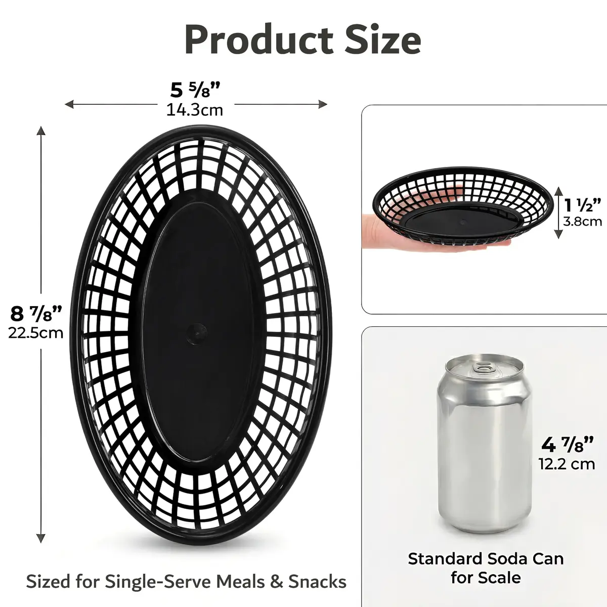 Kingrol Black Oval Fast Food Baskets, 50 Pack 22.6cm (8.8") x 14.4cm (5.6") | Food Serving Tray for Sandwiches, Burgers, Nachos, Fries, Plastic Storage Basket Bin - view 4