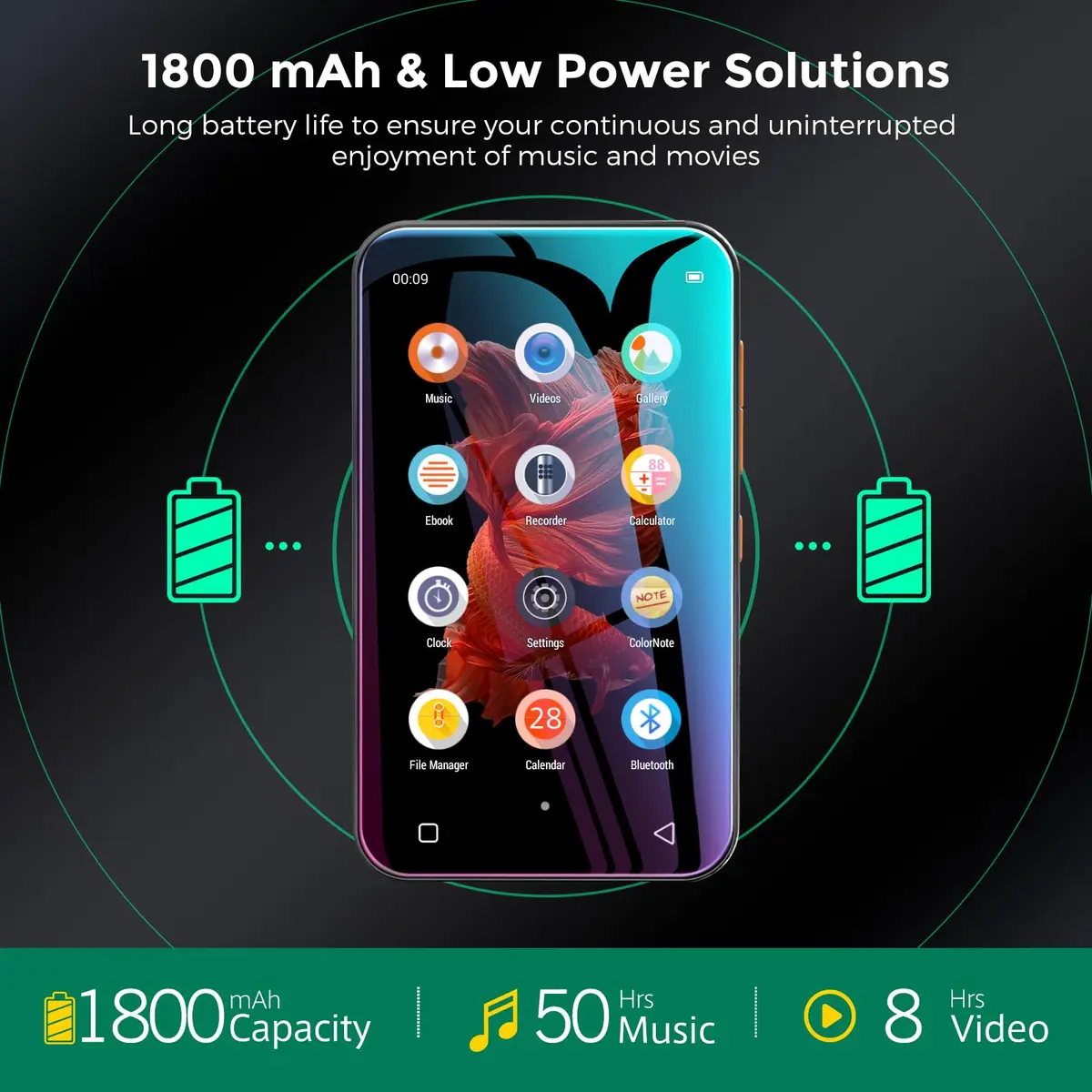 TIMMKOO 72GB MP3 Player with Bluetooth 4.0" Touchscreen | HiFi Sound & Voice Recorder (Black) - view 5