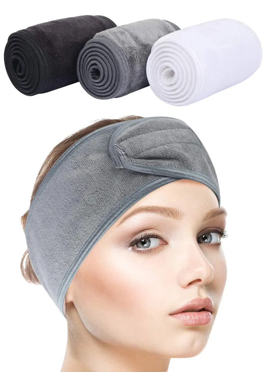 SINLAND Adjustable Spa Facial Headband 3 Pack Multicolor | Soft Microfiber Hair Wrap with Magic Tape - main product image