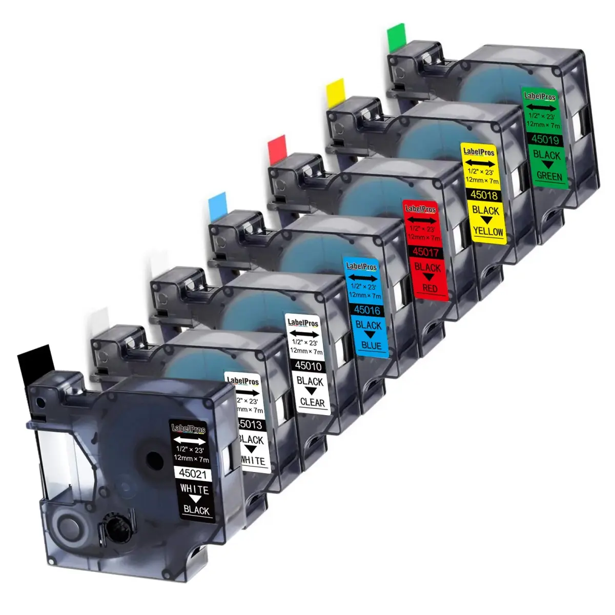 LabelPros Compatible Dymo D1 Label Tape 7-Pack | 12mm (1/2") x 7m (23ft) Black on White, Clear, Blue, Red, Yellow, Green, White on Black - main product image
