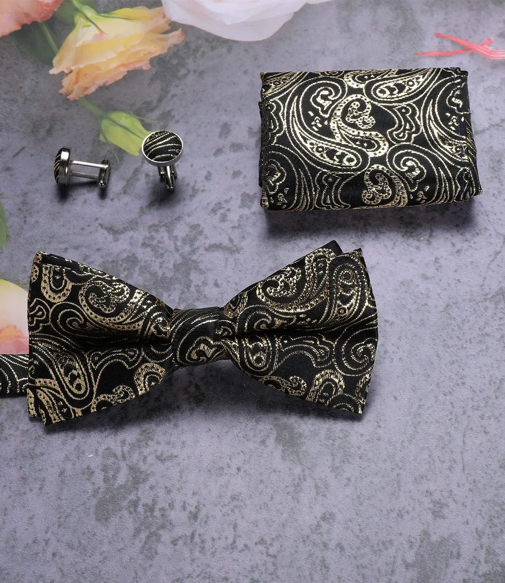 DiBanGu Silk Bow Tie Pre Tied Bowtie Set for Men In Gift Box, Gold | Adjustable Classic Pattern - view 6