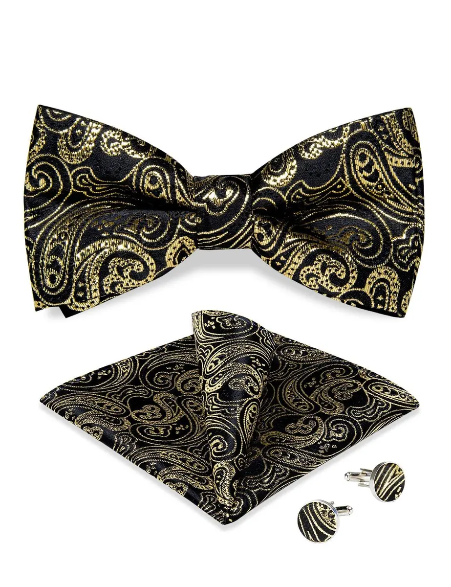 DiBanGu Silk Bow Tie Pre Tied Bowtie Set for Men In Gift Box, Gold | Adjustable Classic Pattern - view 7