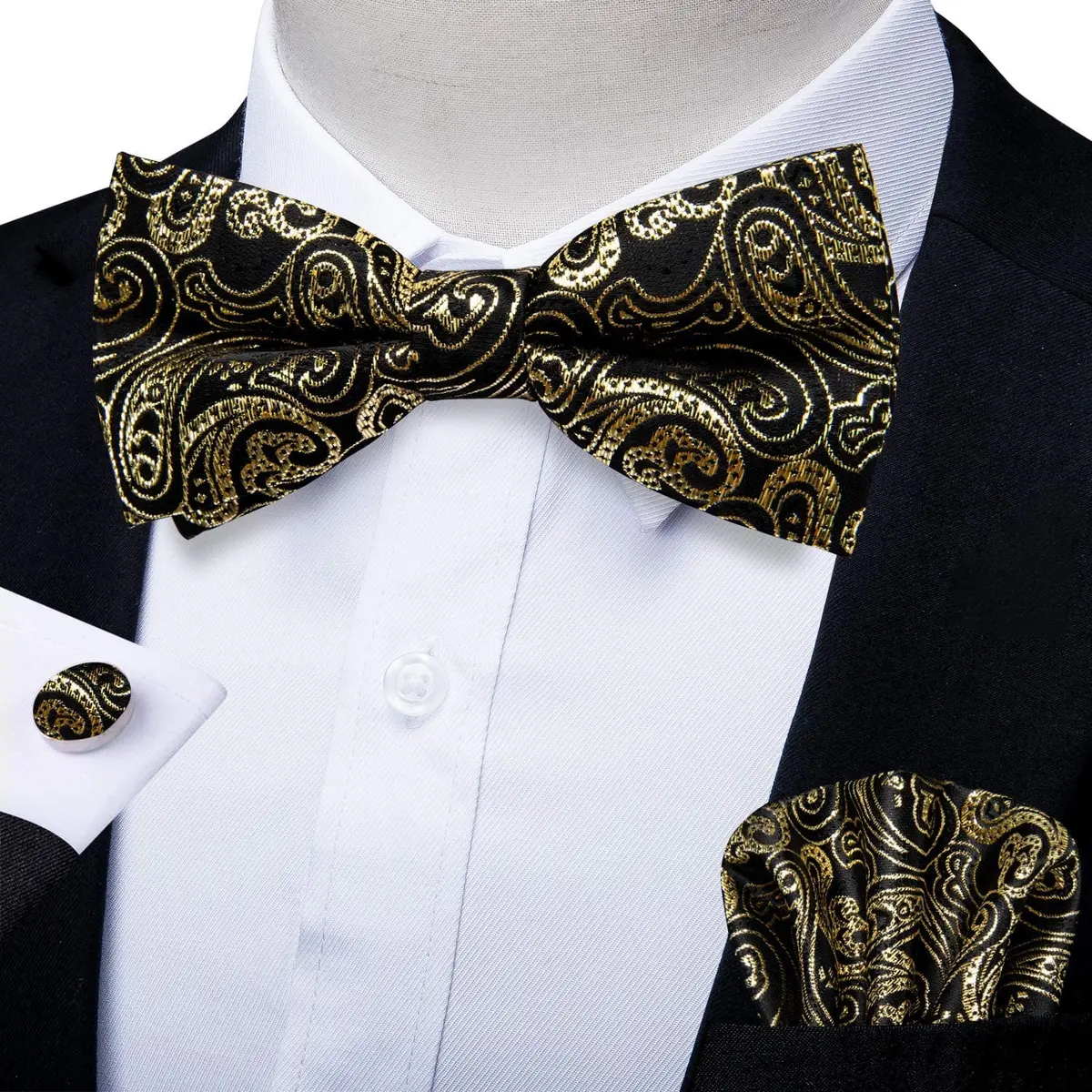 DiBanGu Silk Bow Tie Pre Tied Bowtie Set for Men In Gift Box, Gold | Adjustable Classic Pattern - view 2