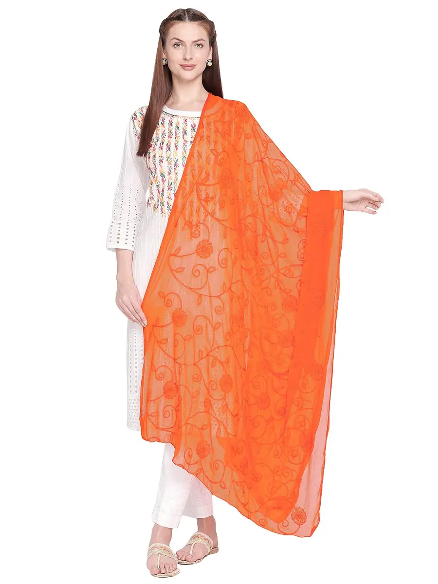 DUPATTA BAZAAR Embroidered Orange Chiffon Dupatta 94 x 33 inches (239 x 84 cm) | Soft Regal Aari Work - main product image