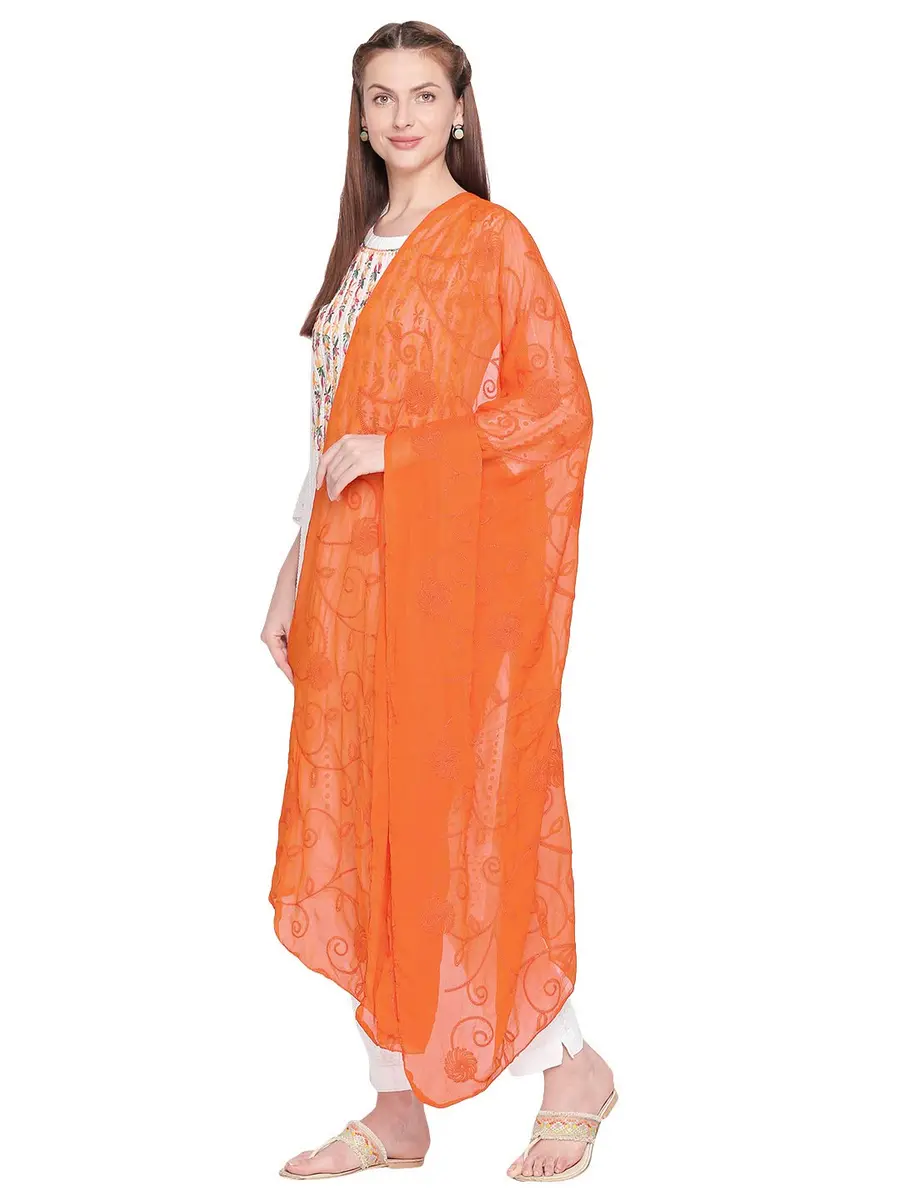 DUPATTA BAZAAR Embroidered Orange Chiffon Dupatta 94 x 33 inches (239 x 84 cm) | Soft Regal Aari Work - view 2