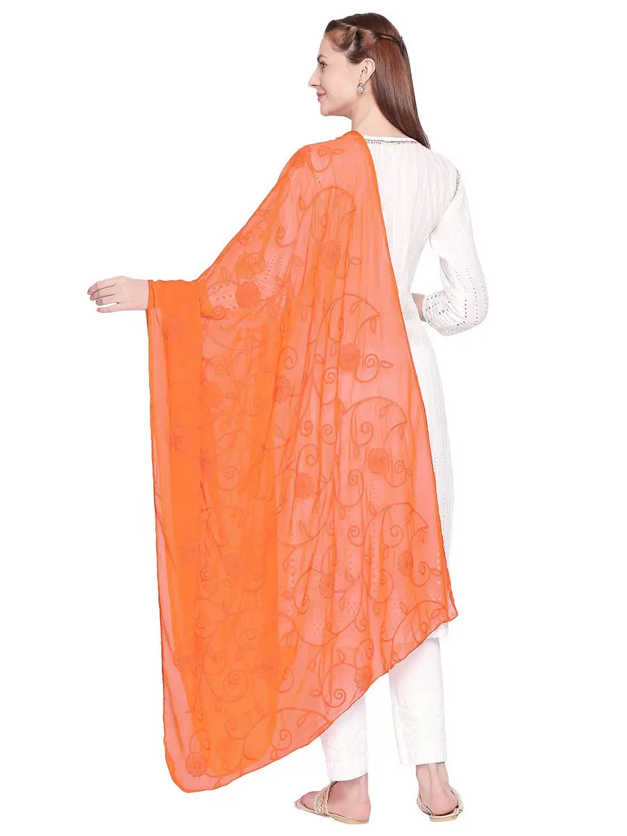 DUPATTA BAZAAR Embroidered Orange Chiffon Dupatta 94 x 33 inches (239 x 84 cm) | Soft Regal Aari Work - view 3