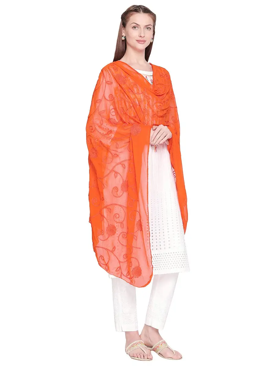 DUPATTA BAZAAR Embroidered Orange Chiffon Dupatta 94 x 33 inches (239 x 84 cm) | Soft Regal Aari Work - view 4