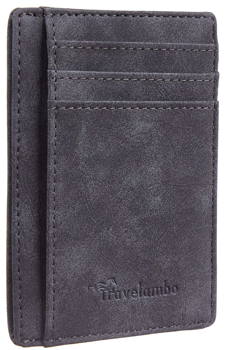 Travelambo Slim Minimalist Leather RFID Blocking Wallet | 6 Card Slots, Front Pocket, Grey Deep - main product image