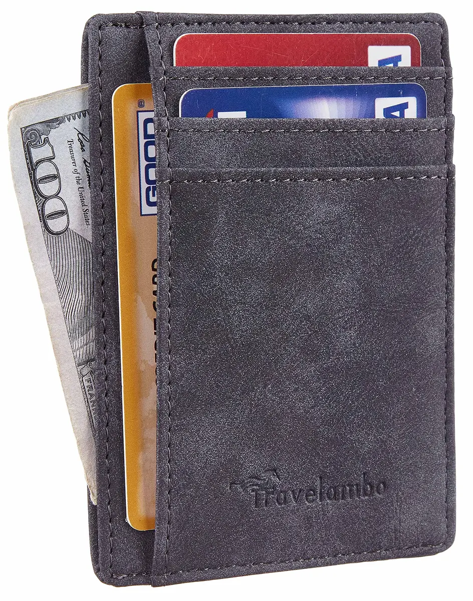 Travelambo Slim Minimalist Leather RFID Blocking Wallet | 6 Card Slots, Front Pocket, Grey Deep - view 2
