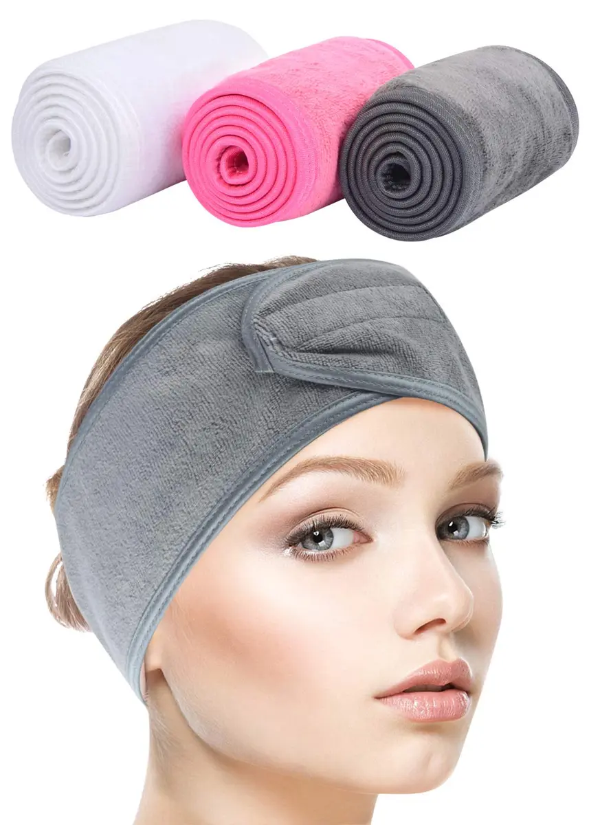 SINLAND Adjustable Spa Facial Headband 3 Pack Multicolor | Soft Microfiber Hair Wrap with Magic Tape for Face Washing, Yoga, Sports - main product image