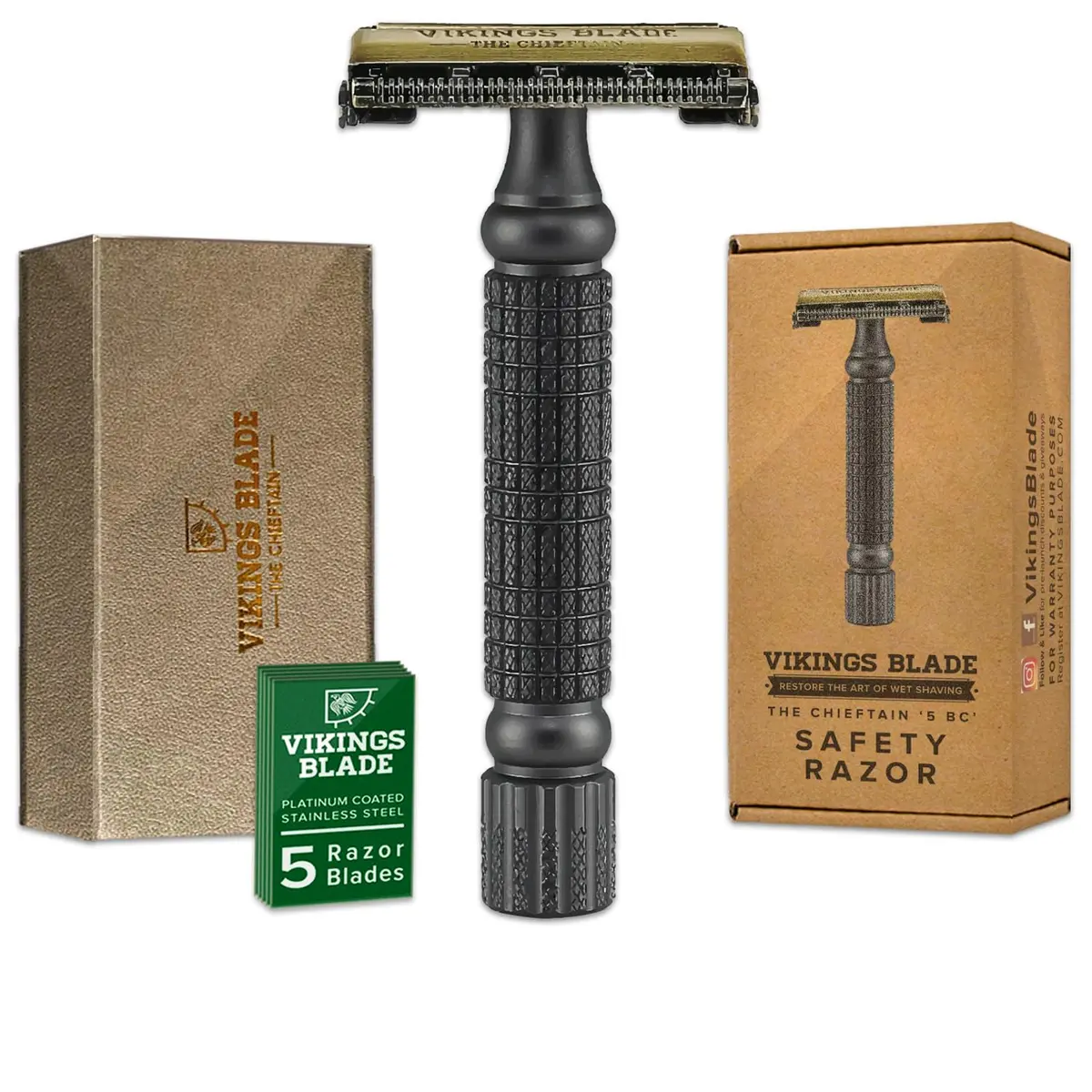 Vikings Blade Double Edge Safety Razor for Men + 5 Swedish Steel Blades + Luxury Case | Smooth, Reusable, Recyclable (Chieftain 5 BC) - main product image