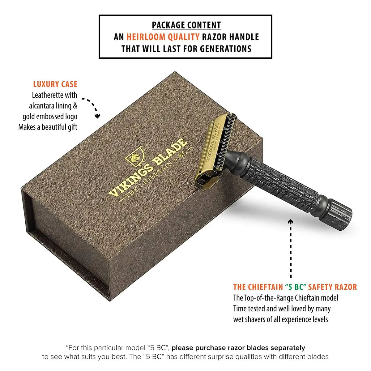 Vikings Blade Double Edge Safety Razor for Men + 5 Swedish Steel Blades + Luxury Case | Smooth, Reusable, Recyclable (Chieftain 5 BC) - view 2