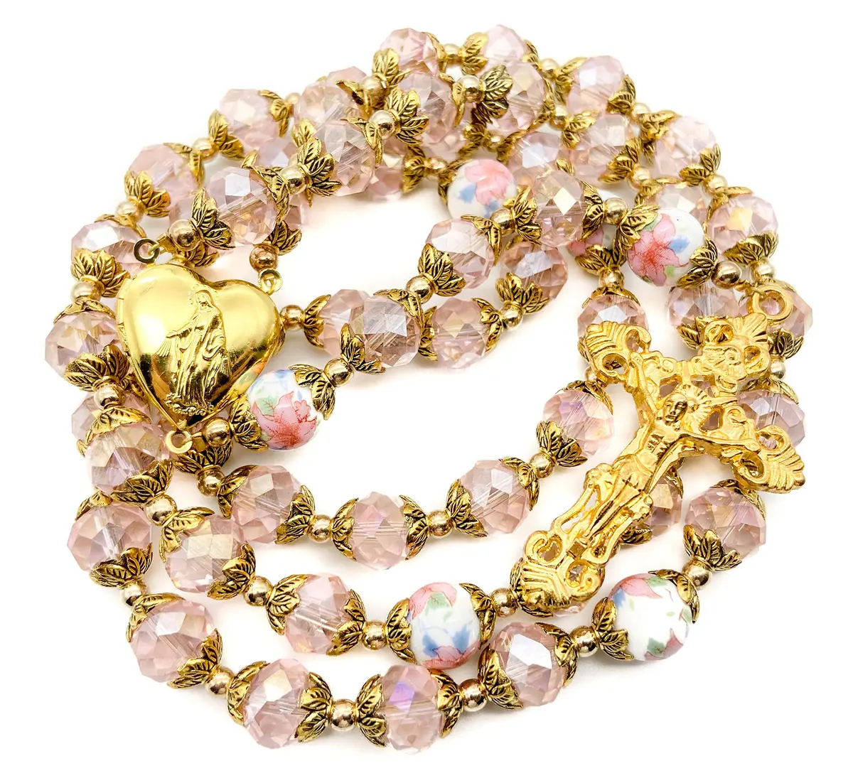 Nazareth Store Catholic Pink Crystal Beads Rosary Necklace 20" | Gold Plated Religious Jewelry for Women - view 4