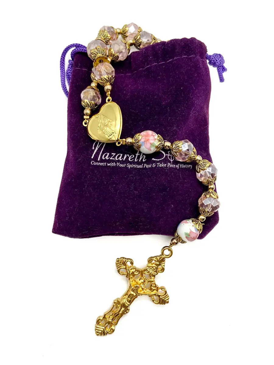 Nazareth Store Catholic Pink Crystal Beads Rosary Necklace 20" | Gold Plated Religious Jewelry for Women - view 5