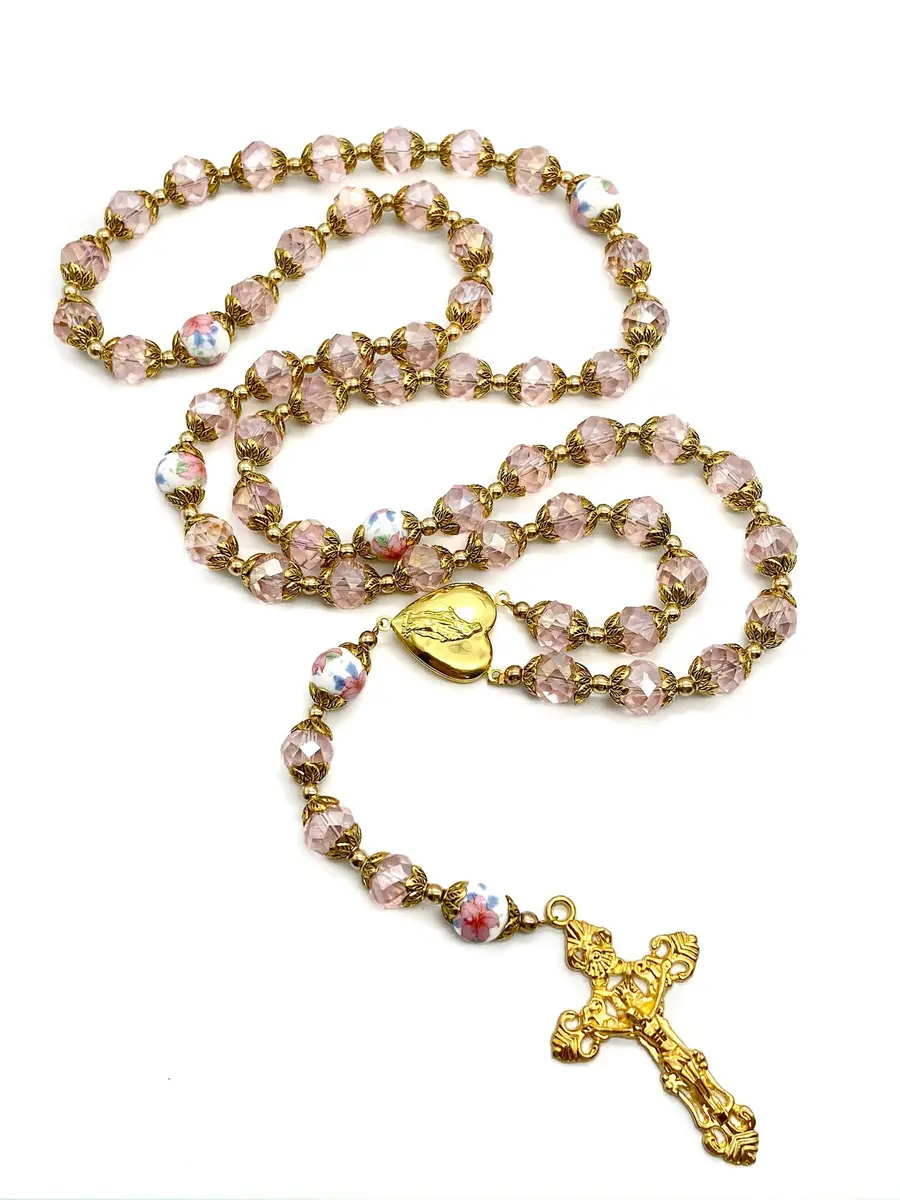 Nazareth Store Catholic Pink Crystal Beads Rosary Necklace 20" | Gold Plated Religious Jewelry for Women - view 6