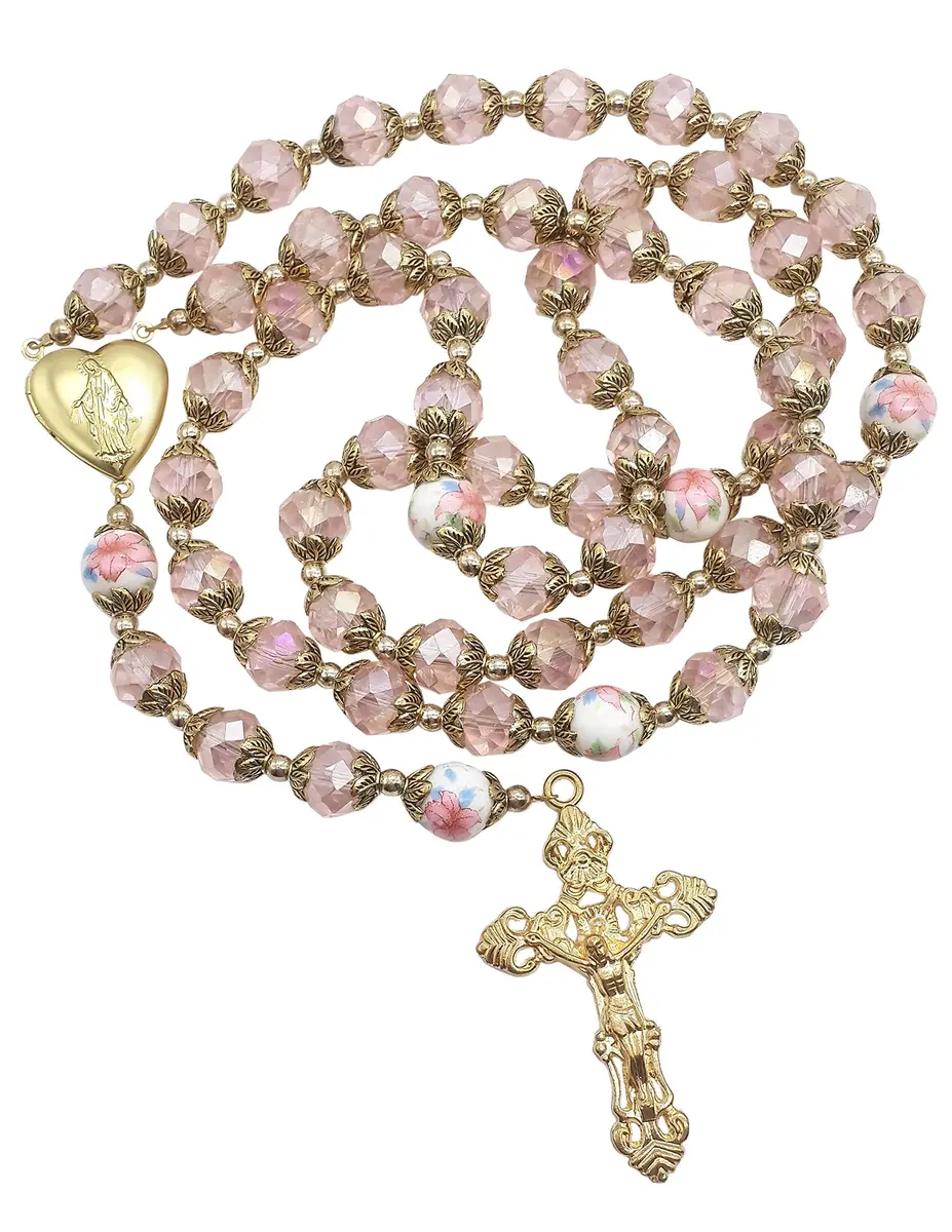 Nazareth Store Catholic Pink Crystal Beads Rosary Necklace 20" | Gold Plated Religious Jewelry for Women - main product image