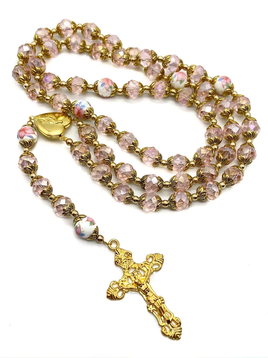 Nazareth Store Catholic Pink Crystal Beads Rosary Necklace 20" | Gold Plated Religious Jewelry for Women - view 7