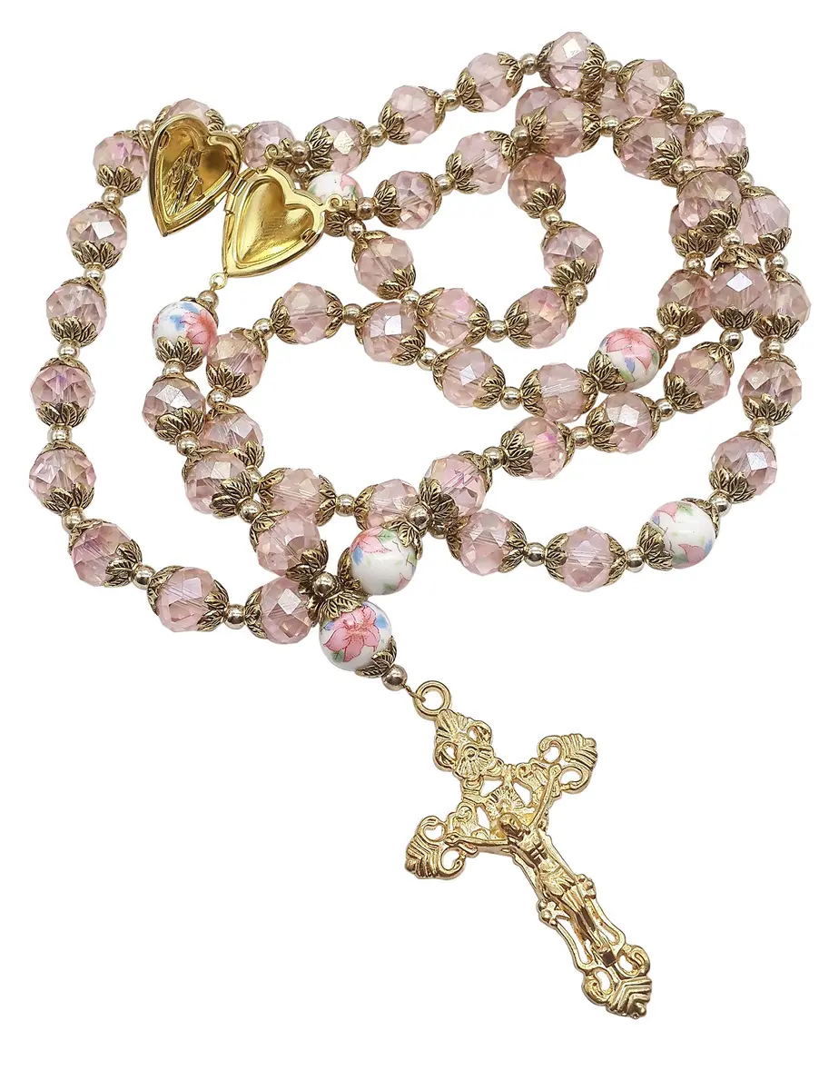 Nazareth Store Catholic Pink Crystal Beads Rosary Necklace 20" | Gold Plated Religious Jewelry for Women - view 2