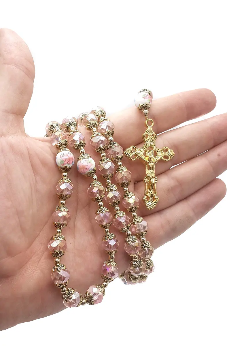 Nazareth Store Catholic Pink Crystal Beads Rosary Necklace 20" | Gold Plated Religious Jewelry for Women - view 3