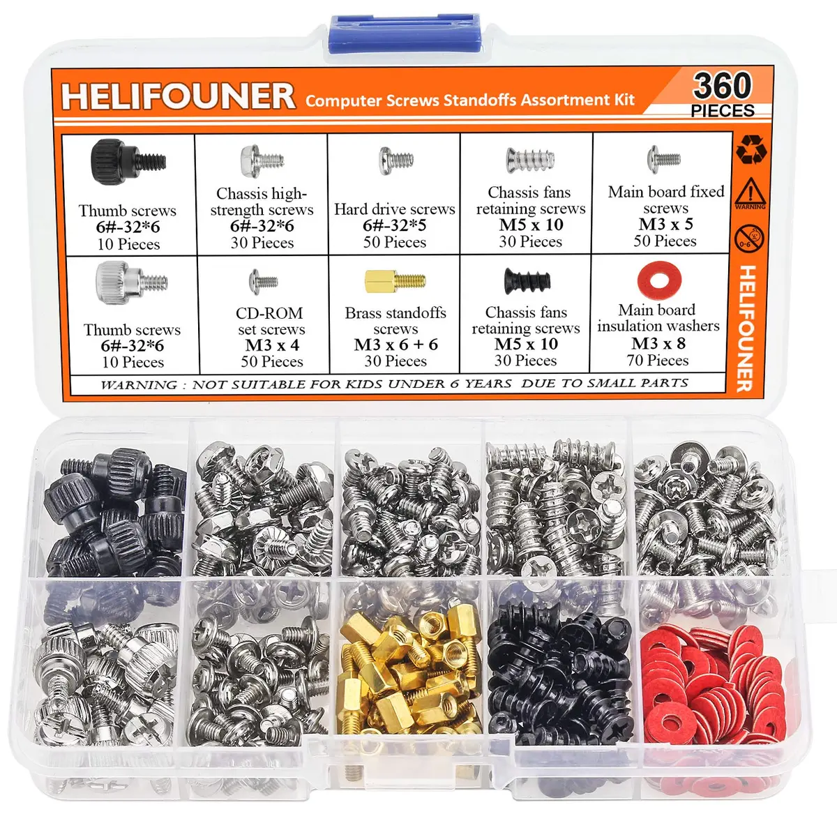 HELIFOUNER 360 Pieces Computer Screw Assortment Kit for Hard Drive, Motherboard, Fan, Power, Graphics | High-Quality Brass & Steel - main product image