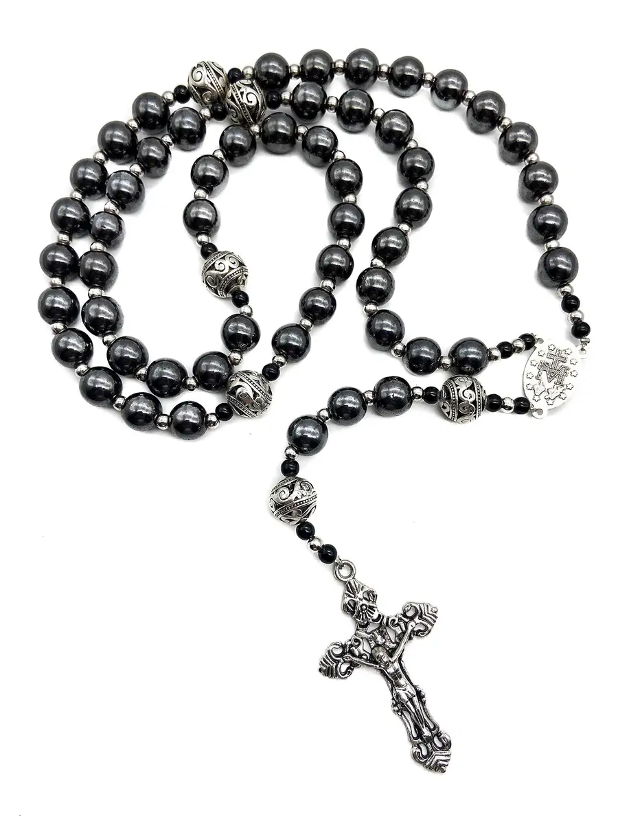 Nazareth Store Hematite Rosary Black Stone Beads Necklace Metal Cross Miraculous Medal 50cm (20") | Spiritual Prayer Meditation - view 5