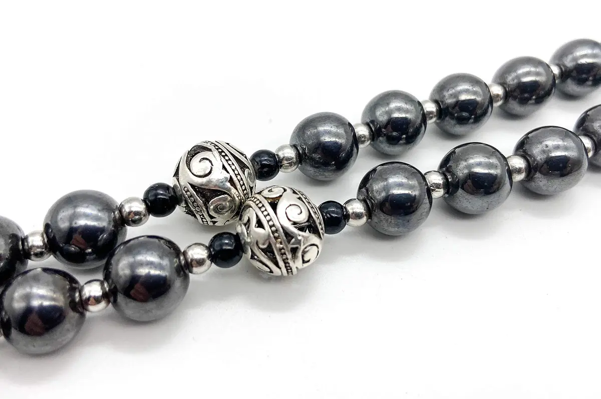 Nazareth Store Hematite Rosary Black Stone Beads Necklace Metal Cross Miraculous Medal 50cm (20") | Spiritual Prayer Meditation - view 6