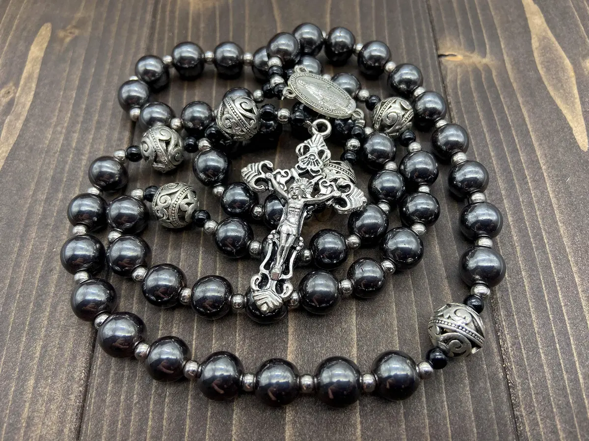 Nazareth Store Hematite Rosary Black Stone Beads Necklace Metal Cross Miraculous Medal 50cm (20") | Spiritual Prayer Meditation - view 7