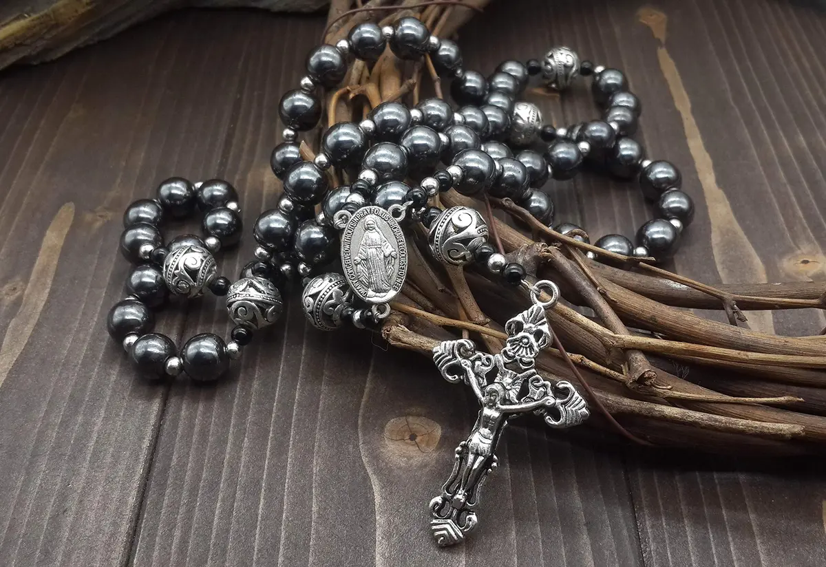 Nazareth Store Hematite Rosary Black Stone Beads Necklace Metal Cross Miraculous Medal 50cm (20") | Spiritual Prayer Meditation - view 8