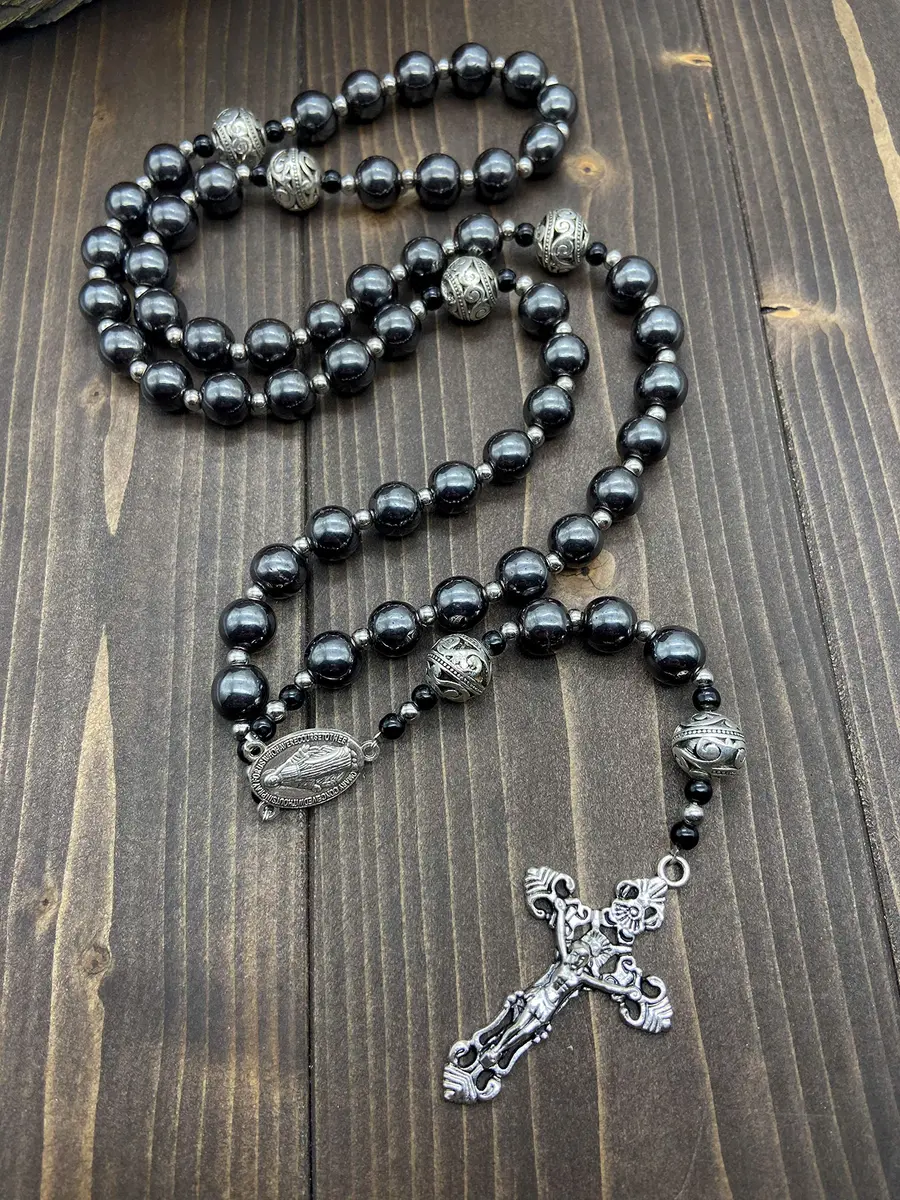 Nazareth Store Hematite Rosary Black Stone Beads Necklace Metal Cross Miraculous Medal 50cm (20") | Spiritual Prayer Meditation - view 9