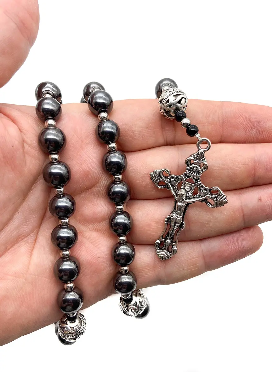 Nazareth Store Hematite Rosary Black Stone Beads Necklace Metal Cross Miraculous Medal 50cm (20") | Spiritual Prayer Meditation - view 2