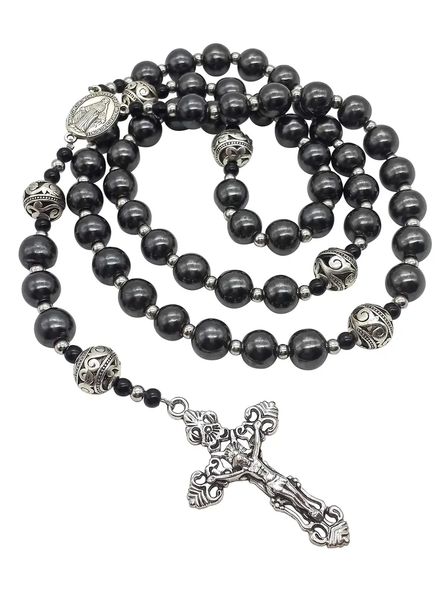 Nazareth Store Hematite Rosary Black Stone Beads Necklace Metal Cross Miraculous Medal 50cm (20") | Spiritual Prayer Meditation - view 3