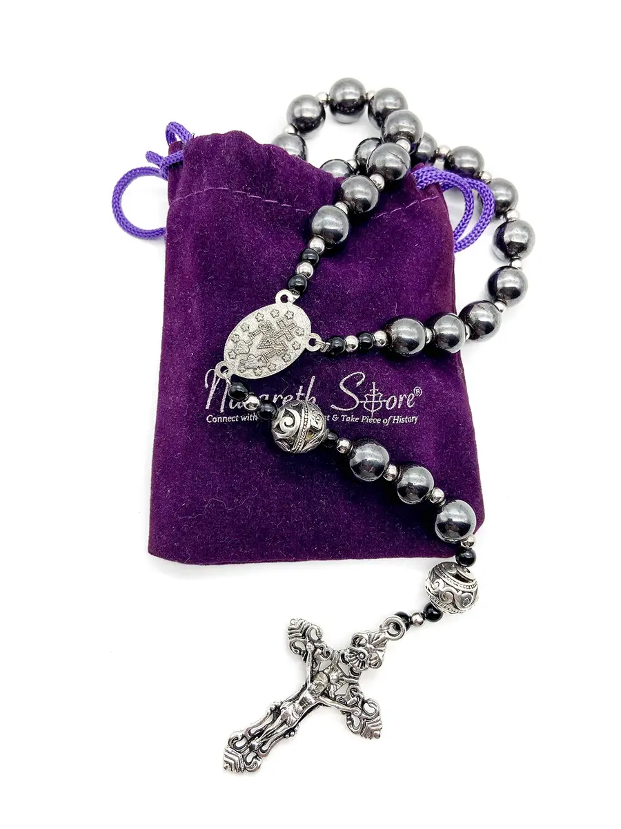 Nazareth Store Hematite Rosary Black Stone Beads Necklace Metal Cross Miraculous Medal 50cm (20") | Spiritual Prayer Meditation - view 4