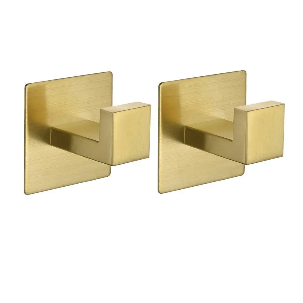 WOLIBEER Gold Coat Hooks - Self Adhesive, No Drill Towel Hooks for Bathroom & Kitchen - 2 Pack | Rustproof Brushed Gold Finish - main product image