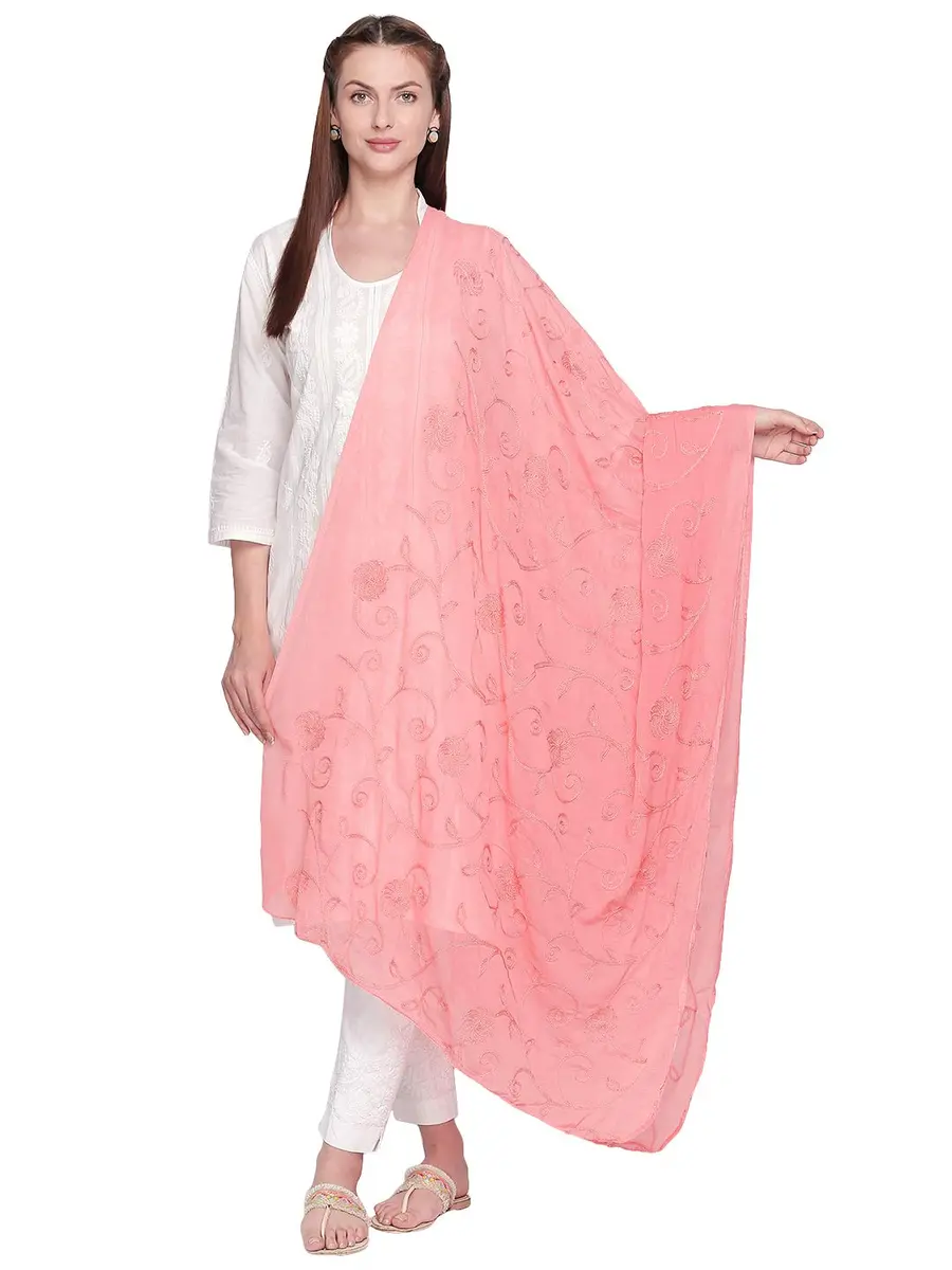 DUPATTA BAZAAR Embroidered Peach Chiffon Dupatta 94cm (37in) x 24cm (9.4in) | Aari Work Elegance - main product image