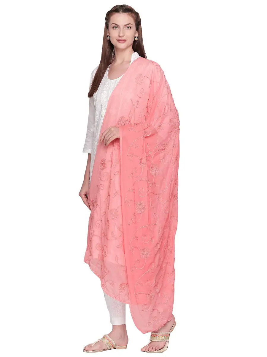 DUPATTA BAZAAR Embroidered Peach Chiffon Dupatta 94cm (37in) x 24cm (9.4in) | Aari Work Elegance - view 2