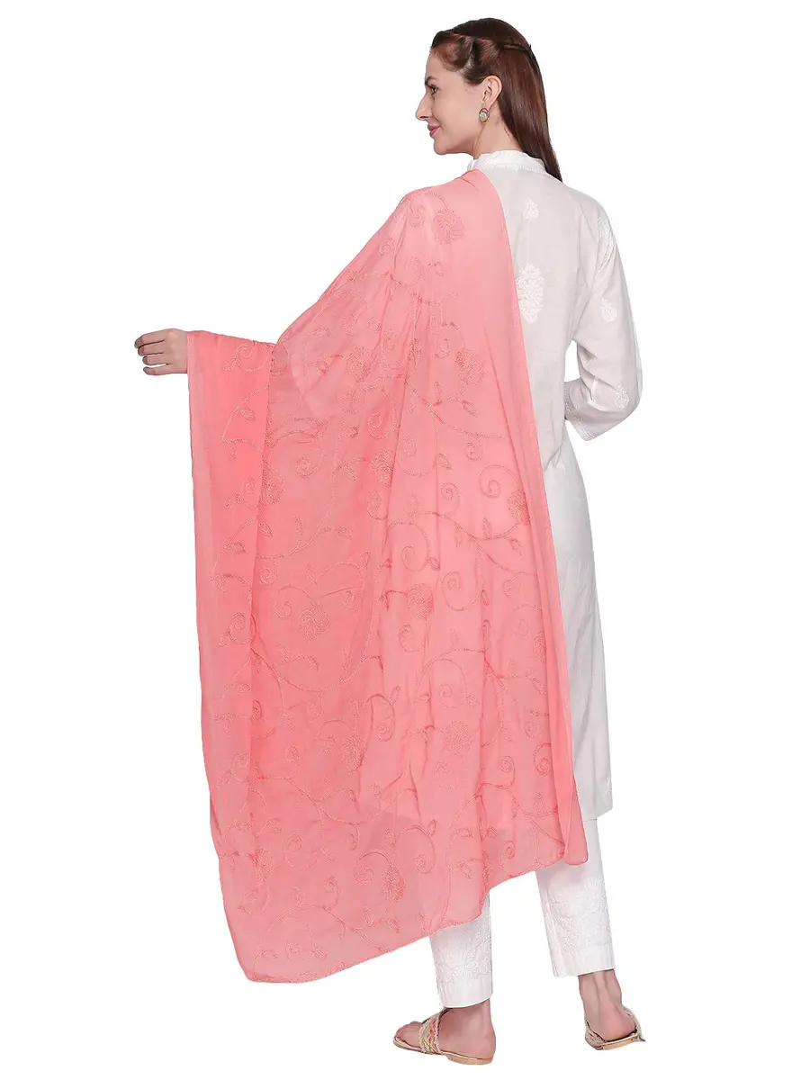 DUPATTA BAZAAR Embroidered Peach Chiffon Dupatta 94cm (37in) x 24cm (9.4in) | Aari Work Elegance - view 3