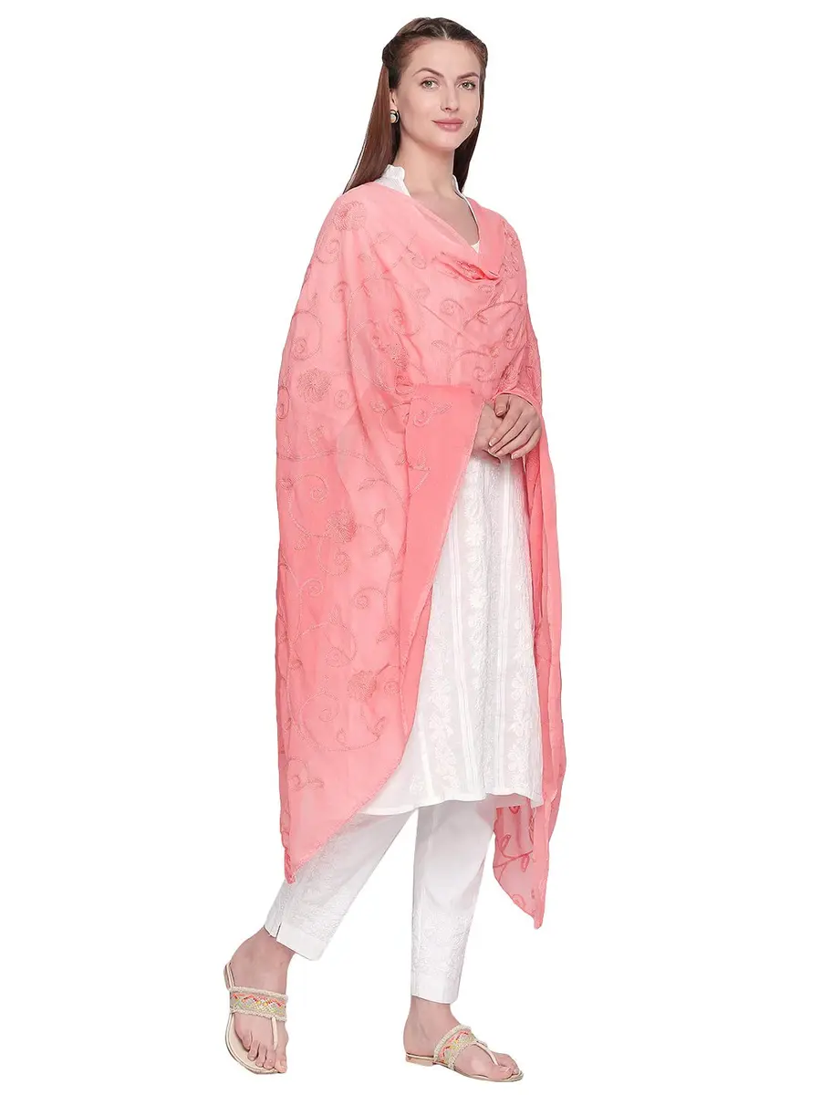 DUPATTA BAZAAR Embroidered Peach Chiffon Dupatta 94cm (37in) x 24cm (9.4in) | Aari Work Elegance - view 4