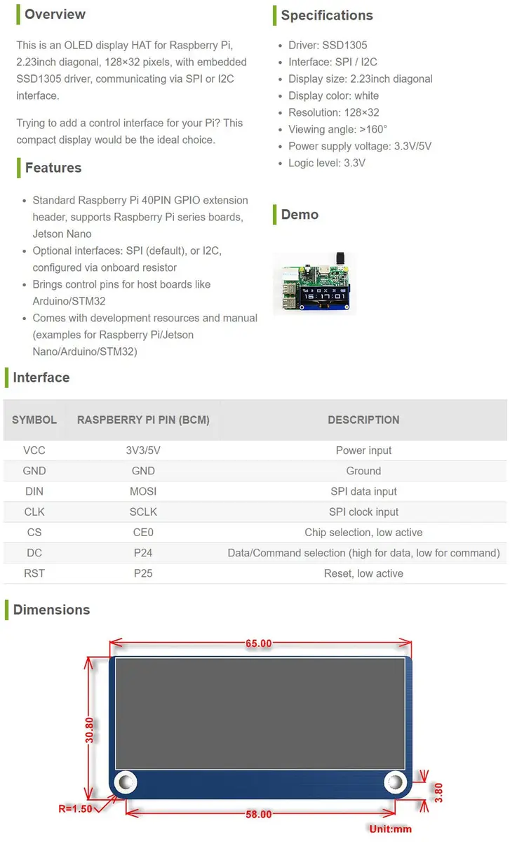 waveshare 2.23inch OLED Display HAT for Raspberry Pi 128×32 Pixels with Embedded SSD1305 Driver Communicating via SPI or I2C - view 6