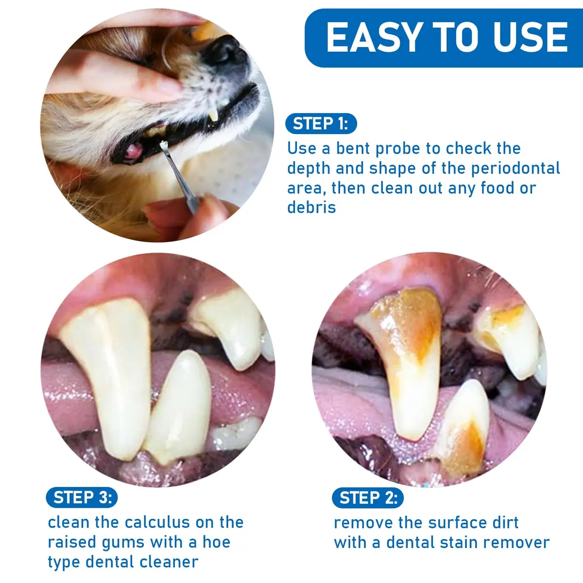 Hotop Stainless Steel Dog Tooth Scaler & Scraper 3 Pcs | Tartar & Plaque Removal Tool for Dogs - view 4
