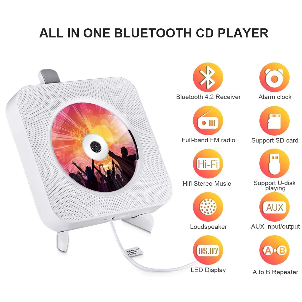 Qoosea Portable CD Player with Bluetooth Wall Mountable Home Audio Boombox 1 Disc, 540g (1.19 lb) | FM Radio, HiFi Speakers, Remote Control - view 2