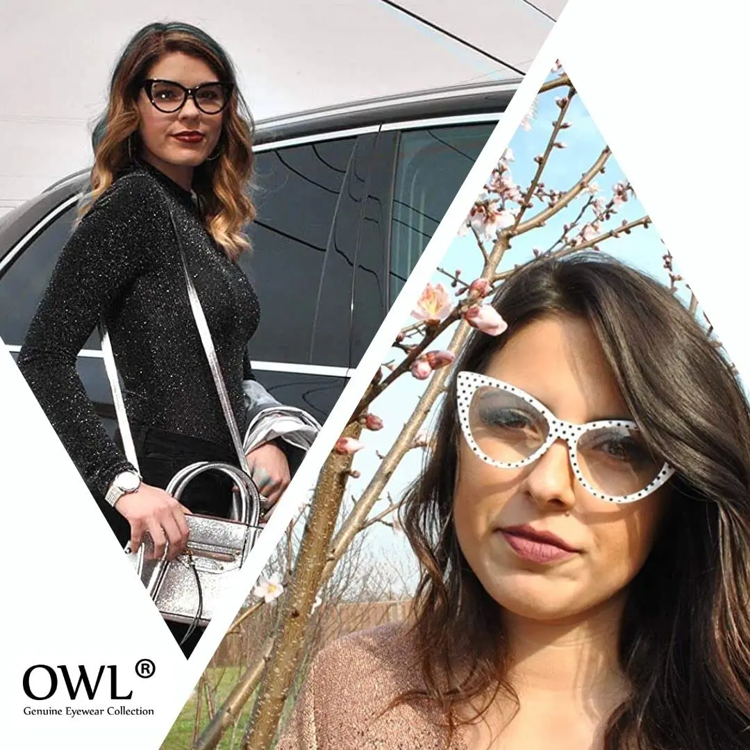 OWL Cat Eye Glasses for Women Vintage - Black White Polka Dots Frame Clear Lens | Small Fit Retro Style - view 6
