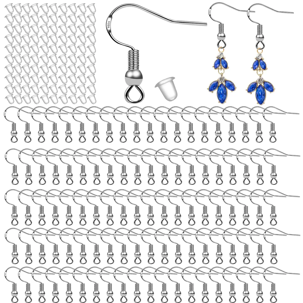 GooDay 925 Sterling Silver Earring Hooks 20mm (0.78 inch) | 100 Pcs Fish Hook Ear Wires with 100 Pcs Rubber Backs - main product image