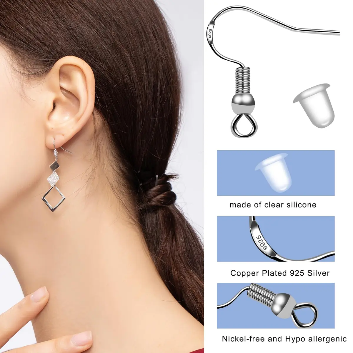 GooDay 925 Sterling Silver Earring Hooks 20mm (0.78 inch) | 100 Pcs Fish Hook Ear Wires with 100 Pcs Rubber Backs - view 3